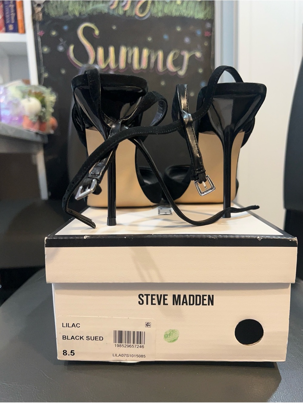 Steve Madden Black Suede Open-Toe Stiletto Sandals with Ankle Tie - Picture 3 of 4